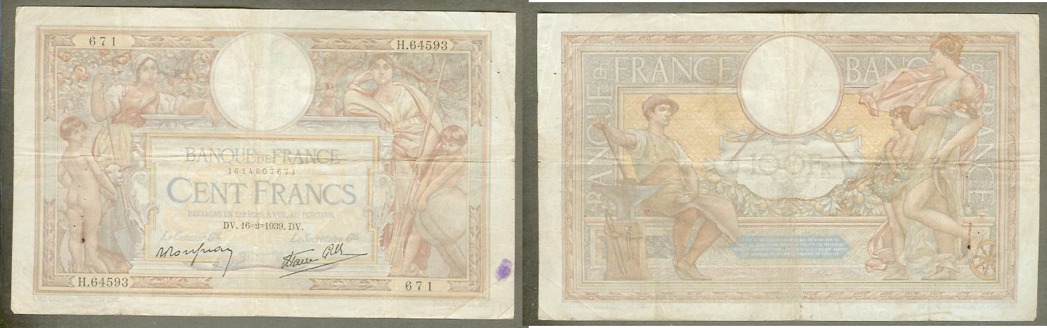 100  francs Merson 16.02.1939 TB+